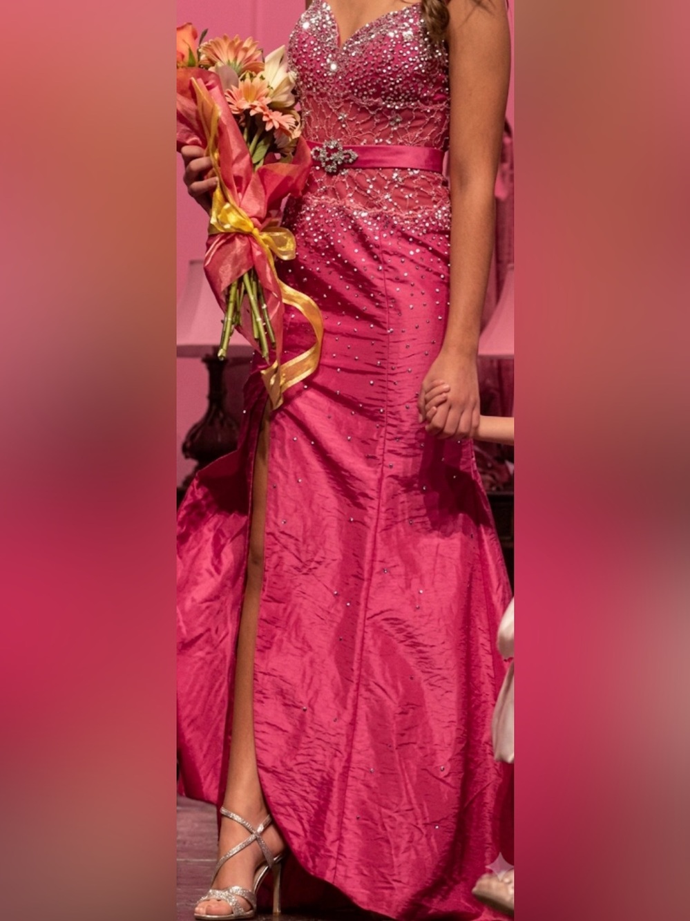 Pink Evening Gown with Beaded Detail and Thigh Slit